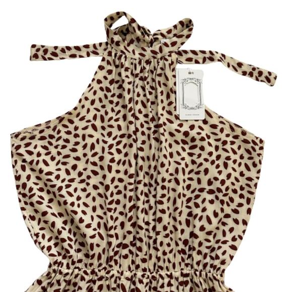 Coeur DE Vague Dress Cream Brown Print Sleeveless Halter Tie Back Dress Medium - Picture 10 of 12